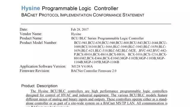 Hysine獲得BACnet國際組織BTL認(rèn)證